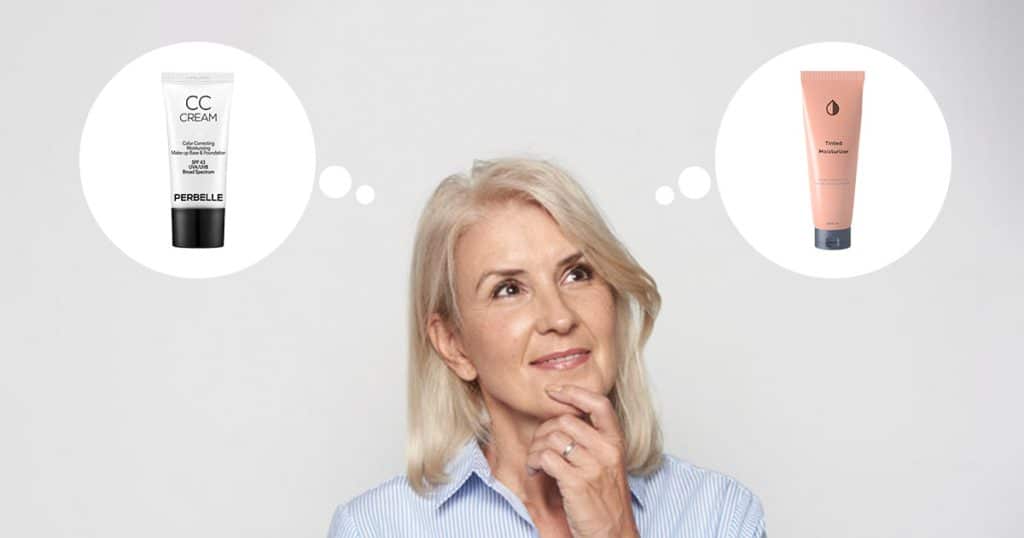 mature woman is deciding between CC cream and tinted moisturizer