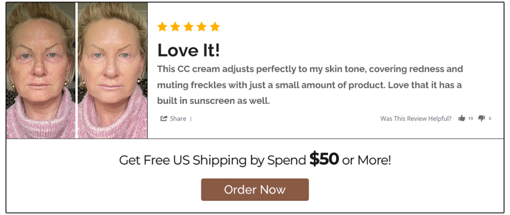 Customer review showing CC cream before and after with order offer