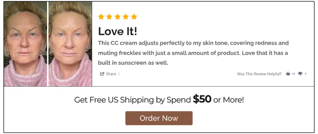 Customer review showing CC cream before and after with order offer