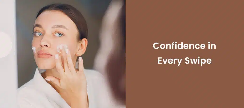 Woman applying CC cream with confident expression