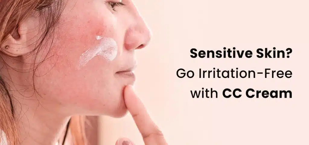 Woman applying CC cream for sensitive skin