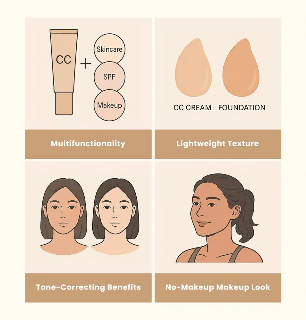 CC cream vs foundation, tone correction, light look