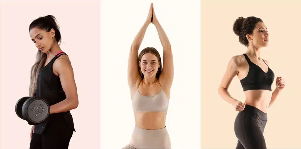 Women working out: lifting, yoga, jogging