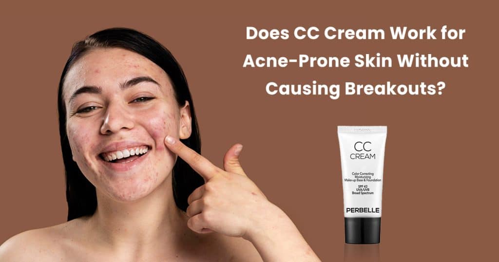 Smiling woman with acne pointing at cheek