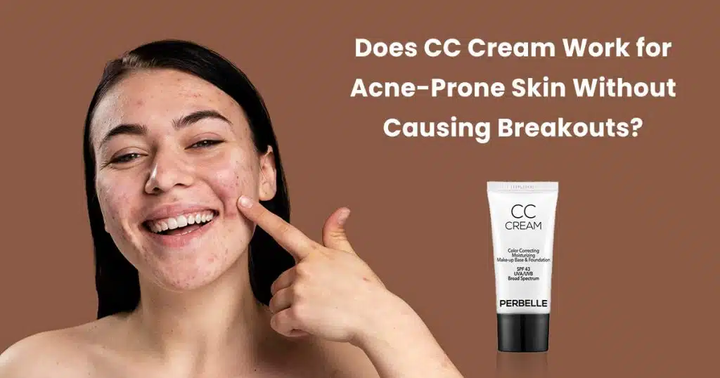 Smiling woman with acne pointing at cheek