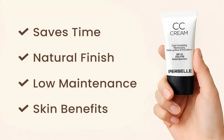 Hand holding CC cream tube with product benefits listed